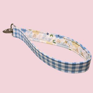 Handmade Blue Gingham Plaid & Floral Wristlet Keychain